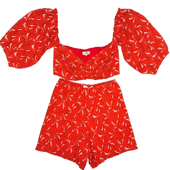 Nightcap Clothing Palm Lace Bandeau Top & High Waisted Short Red Orange Set S XS - Picture 2 of 16